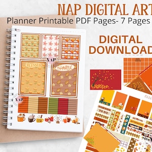 May include: A digital download of fall-themed planner pages. The pages feature pumpkin and leaf designs, with the words "Blessed" and "Thankful." Additional elements include a calendar, stickers, and the text "Colors of Fall."