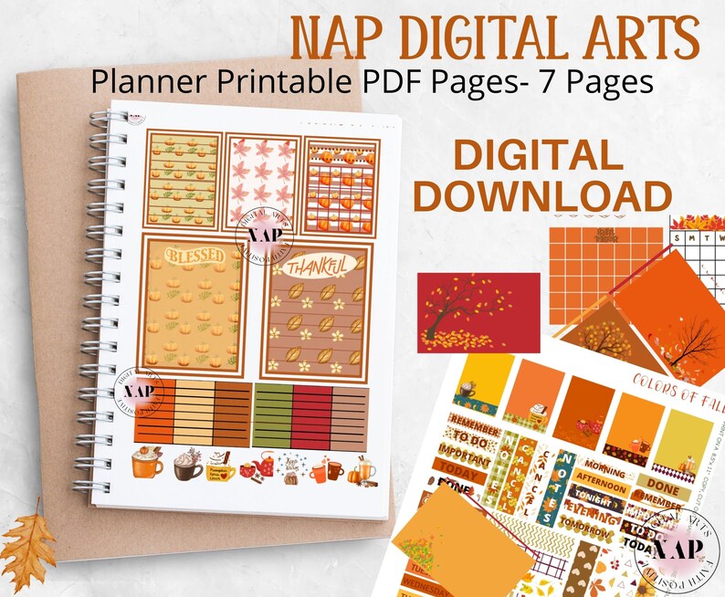 May include: A digital download of fall-themed planner pages. The pages feature pumpkin and leaf designs, with the words "Blessed" and "Thankful." Additional elements include a calendar, stickers, and the text "Colors of Fall."