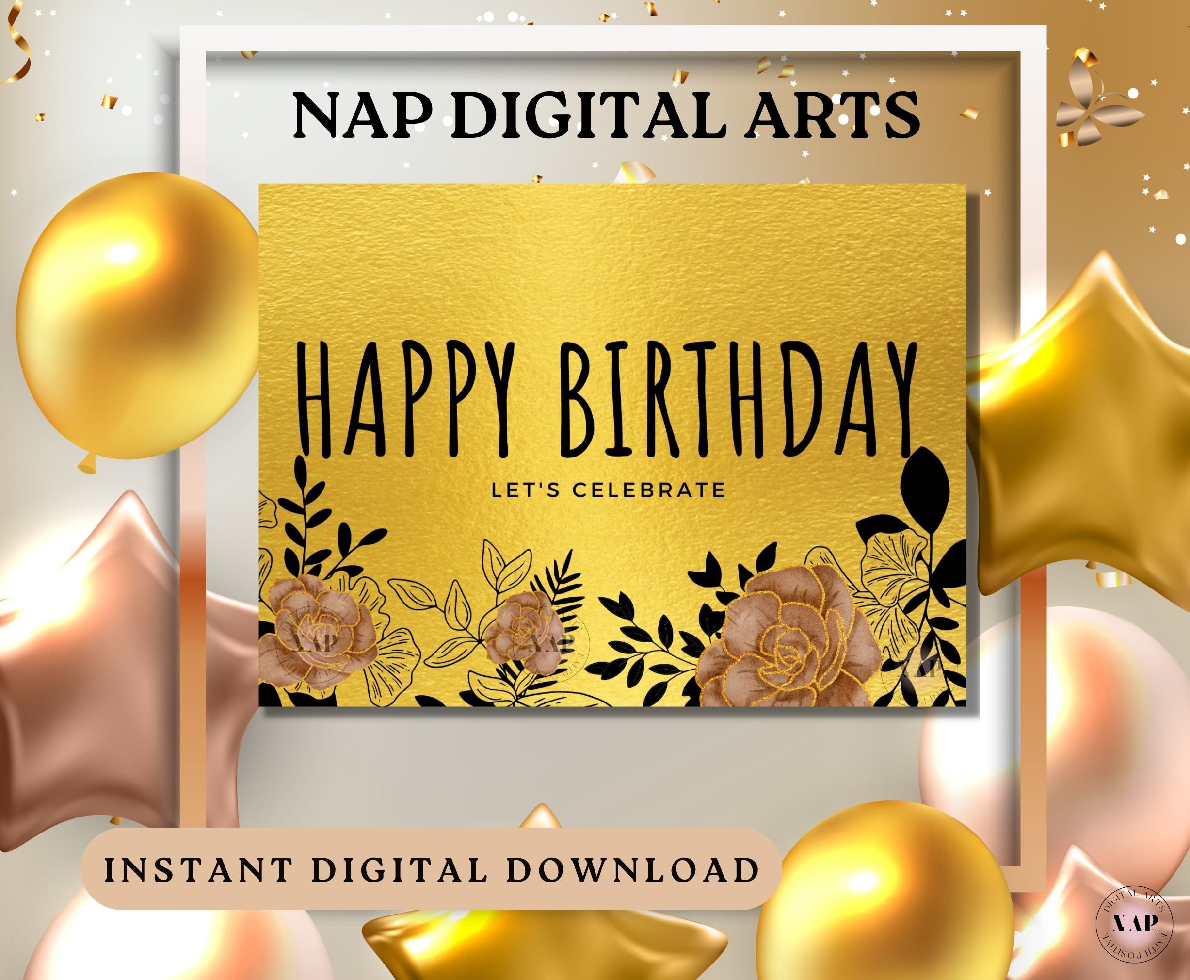 Black and Gold Birthday Card, Printable Gold Birthday Card, Gold Happy ...
