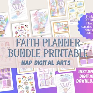 Op de afbeelding: Een printbare geloofsplannerbundel met 16 pagina's. De pagina's hebben een aquarelontwerp met luchtballonnen, wolken en sterren. De tekst "Faith Planner Bundle Printable" staat in een groot, vet lettertype. De tekst "NAP Digital Arts" staat in een kleiner lettertype onder de hoofdtekst. De tekst "Direct digitaal downloaden" staat in een groot, vet lettertype onderaan de afbeelding.