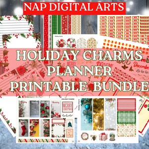 Peut inclure: Ensemble de planificateurs imprimables sur le thème des fêtes. Le design comprend des ornements de Noël, du houx et le texte "Holiday Charms Planner Printable Bundle". La bannière supérieure indique "NAP DIGITAL ARTS".