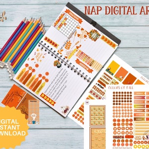 May include: A digital planner kit with fall-themed stickers and stationery. The kit includes stickers, labels, and decorative elements in shades of orange, brown, and yellow. The text "Digital Instant Download" is visible.