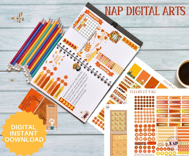 May include: A digital planner kit with fall-themed stickers and stationery. The kit includes stickers, labels, and decorative elements in shades of orange, brown, and yellow. The text "Digital Instant Download" is visible.