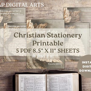 May include: Printable Christian stationery featuring a watercolor design of leaves with the quote "Above all else, guard your heart, for everything you do flows from it."  Proverbs 4:23 NIV.  The stationery is 8.5 inches by 11 inches and comes in a set of 5 sheets.