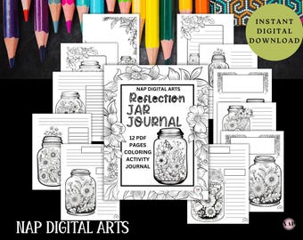 Reflection Jar Journal, Coloring Activity Sheets, Printable Coloring Pages, Floral Design Jar, Adult journal, Prayer Journal, Writer Gift