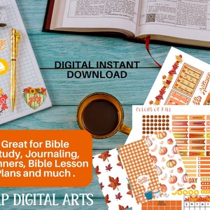 May include: Digital instant download of fall-themed planner stickers and journal pages. The image includes stickers with pumpkins, leaves, and the text "Colors of Fall". A notebook, pen, and coffee cup are also visible.