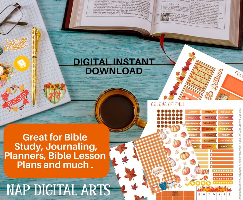 May include: Digital instant download of fall-themed planner stickers and journal pages. The image includes stickers with pumpkins, leaves, and the text "Colors of Fall". A notebook, pen, and coffee cup are also visible.
