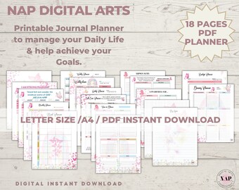 May include: An 18-page printable PDF planner with a pink and white butterfly theme. The planner includes pages for daily, weekly, and monthly planning, as well as pages for goal setting, self-care, and budgeting. The text "NAP DIGITAL ARTS" is at the top of the image.