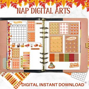 May include: Digital planner stickers with a fall theme. The stickers include weekly calendars, to-do lists, and decorative elements with pumpkins, leaves, and the text "Blessed" and "Thankful". The planner is open to display the stickers.