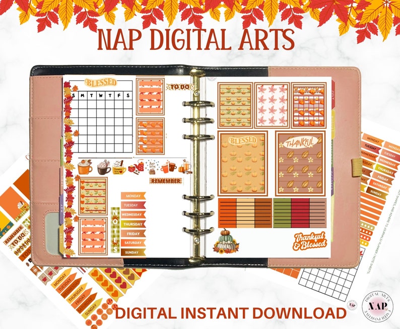 May include: Digital planner stickers with a fall theme. The stickers include weekly calendars, to-do lists, and decorative elements with pumpkins, leaves, and the text "Blessed" and "Thankful". The planner is open to display the stickers.