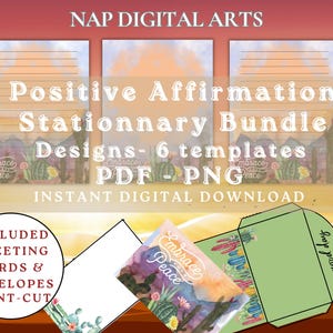 May include: Digital stationery bundle with positive affirmation designs. Includes 6 templates in PDF and PNG formats. The design features a desert landscape with cacti and the words "Embrace Peace". Includes greeting cards and envelopes.