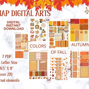 May include: A digital download featuring autumn-themed journal elements. The design includes stickers, banners, and decorative elements in shades of orange, brown, and green. The text includes "NAP DIGITAL ARTS", "DIGITAL INSTANT DOWNLOAD", "COLORS OF FALL", "AUTUMN", and "Journal elements". The size is 8.5" x 11".