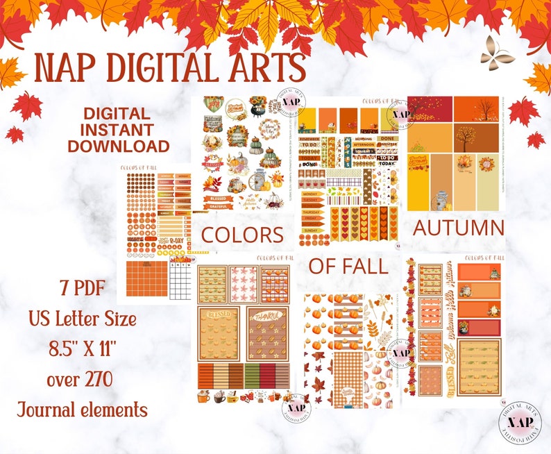 May include: A digital download featuring autumn-themed journal elements. The design includes stickers, banners, and decorative elements in shades of orange, brown, and green. The text includes "NAP DIGITAL ARTS", "DIGITAL INSTANT DOWNLOAD", "COLORS OF FALL", "AUTUMN", and "Journal elements". The size is 8.5" x 11".