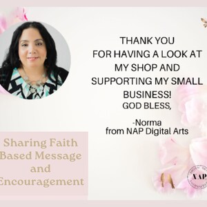 May include: A digital art graphic with a woman's portrait, floral accents, and text that reads "Sharing Faith Based Message and Encouragement." The text also says "Thank you for having a look at my shop and supporting my small business!"