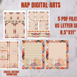 May include: Digital download of 5 PDF files, US Letter size 21.59cm x 27.94cm, with autumn stationery. Designs include pumpkins, floral accents, and plaid patterns in orange, brown, and cream. The text "NAP DIGITAL ARTS" is visible.