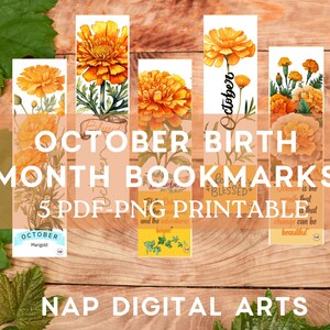 Pode incluir: Cinco marcadores imprimíveis com flores de calêndula e o texto "October Birth Month Bookmarks". Cada marcador tem um design floral diferente e uma citação inspiradora. O texto "5 PDF PNG Printable" também está incluído.