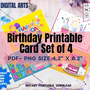 Tarjetas de cumpleaños imprimibles, tarjeta de cumpleaños para niña, tarjeta de felicitación de feliz cumpleaños, tarjeta festiva para niña, globos con forma de corazón y cupcakes, juego digital de 4,2 x 6,2