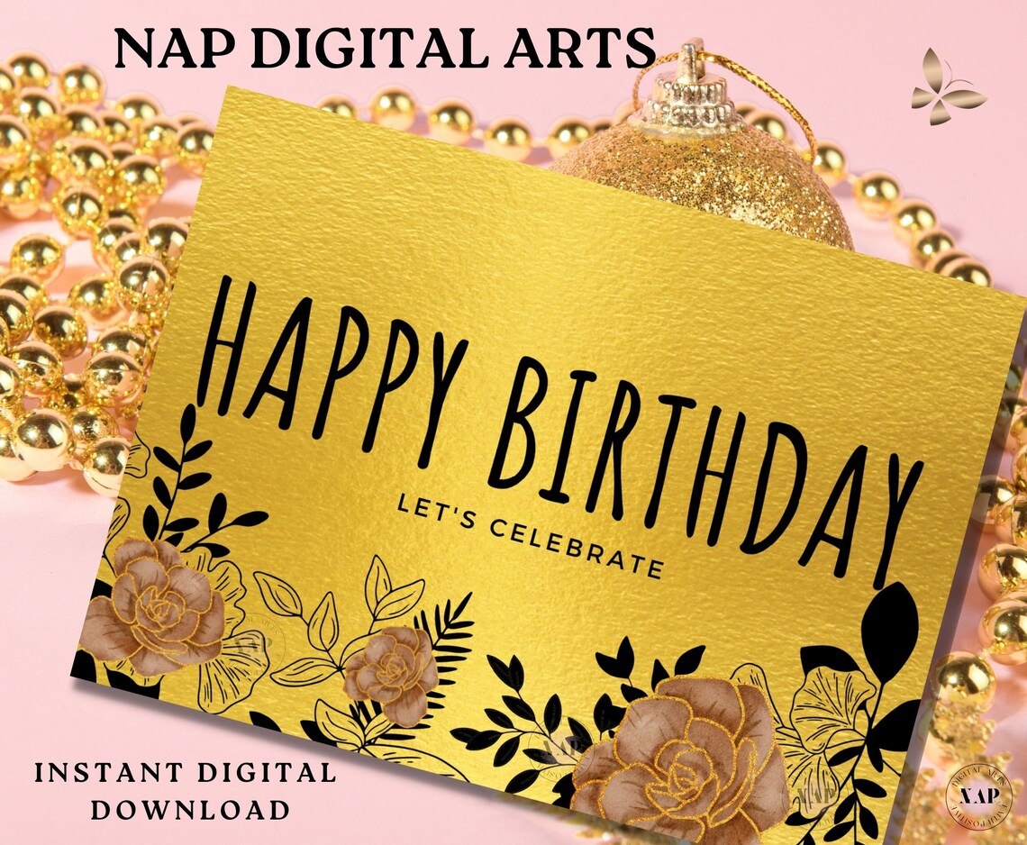 Black and Gold Birthday Card, Printable Gold Birthday Card, Gold Happy ...