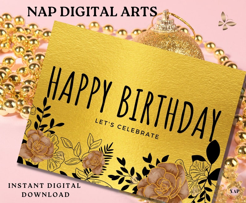Black and Gold Birthday Card, Printable Gold Birthday Card, Gold Happy ...