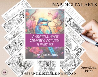 Grateful Heart Coloring Activity, Gratitude Coloring Pages, Adults Coloring, Inspirational PDF, Thankful, Reflection notes, Gift for Friend