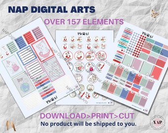 May include: A digital printable planner sticker set with over 157 elements featuring a cute cat theme. The stickers are in shades of pink, red, blue, and green. The text "Meow" appears on the stickers. The text "Download>Print>Cut" appears at the bottom of the image. The text "No product will be shipped to you." appears below the text "Download>Print>Cut".