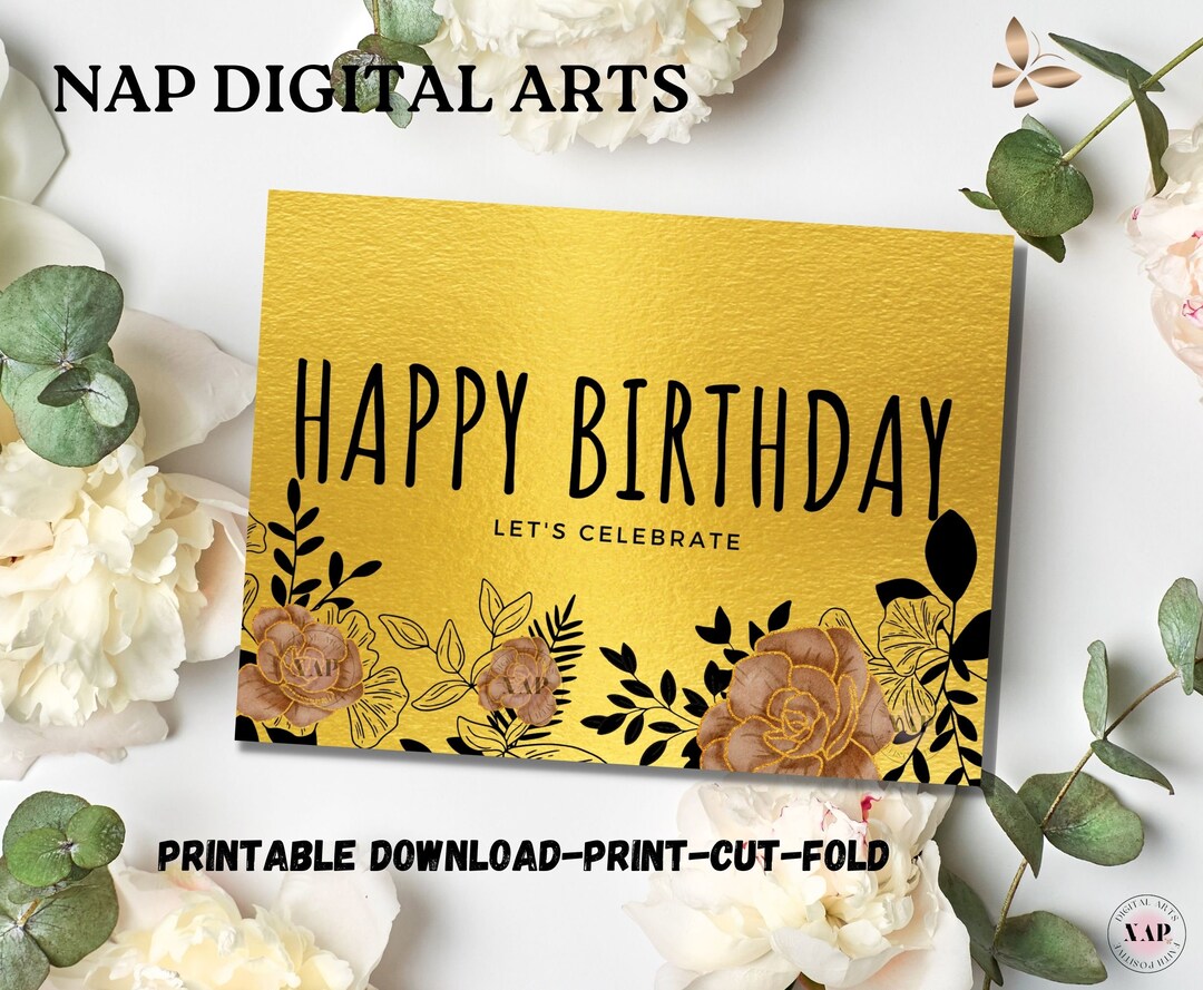 Elegant Floral Birthday Card, Black and Gold Card, Printable Golden ...