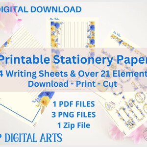 May include: Printable stationery paper with blue and yellow floral designs. The paper includes 4 writing sheets and over 21 elements. The digital download includes 1 PDF file, 3 PNG files, and 1 zip file.