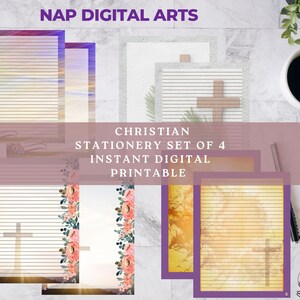 May include: Set of four printable Christian stationery sheets. Each sheet features a different design with a cross, floral border, or sunset background. The sheets are lined for writing.