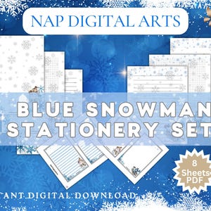 May include: A blue and white stationery set with a snowman theme. The set includes various paper sizes, all featuring snowflake patterns and a snowman illustration. The text "Blue Snowman Stationery Set" is displayed prominently.