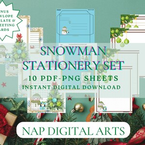 May include: A digital stationery set with a snowman theme. The set includes 10 PDF-PNG sheets, a bonus envelope template, and 2 greeting cards. The design features snowmen, Christmas trees, and decorative elements. The text on the image reads "Snowman Stationery Set" and "Instant Digital Download."