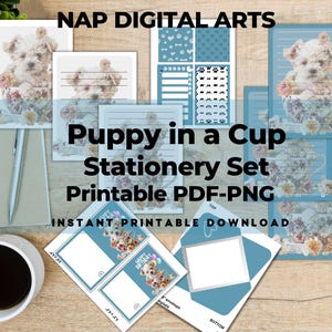 Welpe in einer Tasse zum Ausdrucken, süßes Hunde Briefpapier Set, Teal Teatasse Hund zum Ausdrucken, Schreibpapier Set, alles Gute zum Geburtstag Karte, Papier mit Haustiermotiv