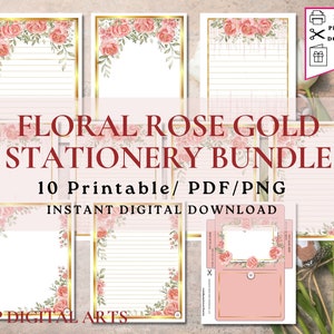 Pacote de papelaria floral rosa dourado, papel de carta para impressão de rosas, conjunto de papel para escrever, lindo papel floral, encarte para planejador, papel para presente de escritor