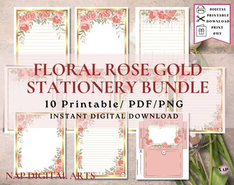 Floral Rose Gold Stationery Bundle, Roses Printable Stationary, Writing Paper set, Beautiful Floral Paper, Planner insert, Writer gift paper