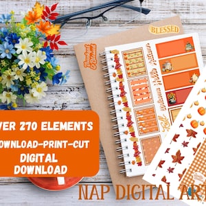 May include: A digital download featuring fall-themed planner stickers and elements. The design includes orange and brown colors, with pumpkins, leaves, and the text "Welcome Hello Autumn". The image also includes the text "Over 270 Elements Download-Print-Cut Digital Download".