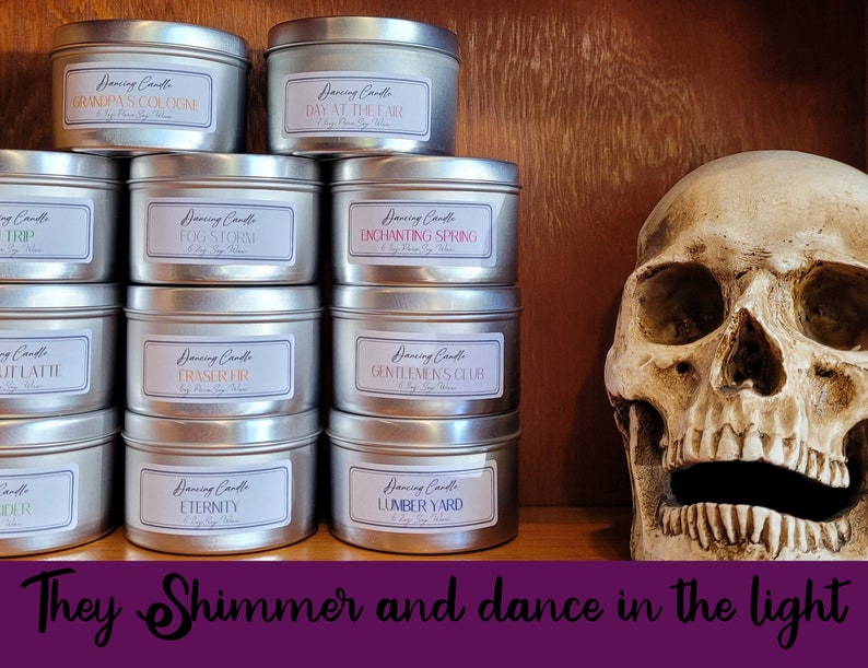 Dancing Candles/ Shimmering/ Tin Container/ 6oz/ Glitter/ Soy/ Etsy