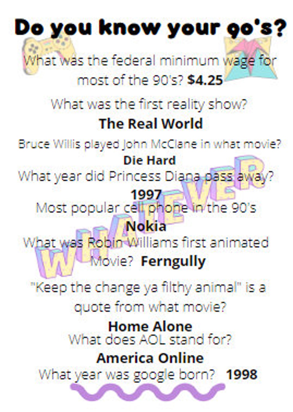 90s Trivia Game/ Printable Party Game/ Nostalgic/ Adult Game/print at ...