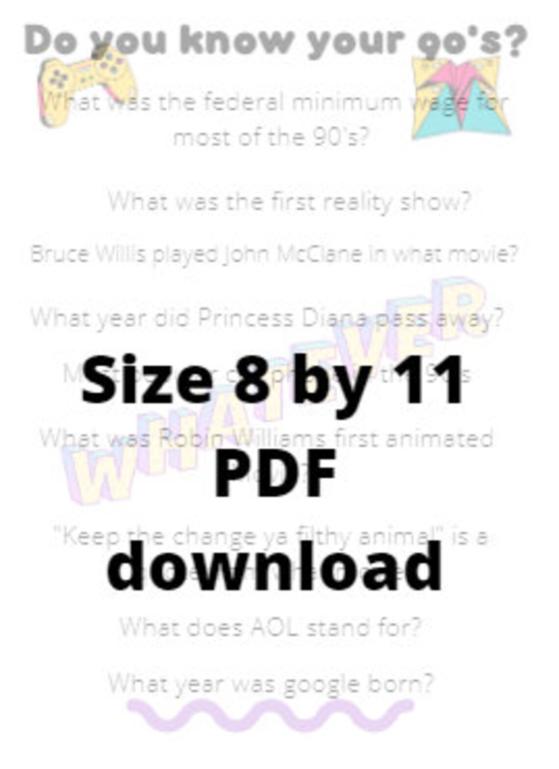 90s Trivia Game/ Printable Party Game/ Nostalgic/ Adult Game/print at ...