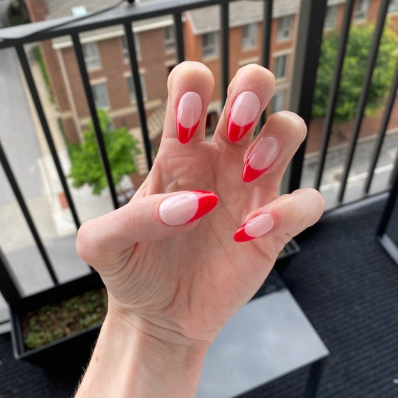 Red French Tip Almond Press On Nail Set Etsy