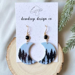The Aurora | Iridescent Crescent Moon Earrings | Tree Silhouette Polymer Clay Earrings