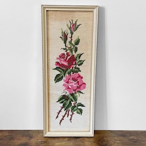 20"H Vintage Framed Floral Needlepoint Wall Hanging, Wood Frame & Glass, (USA - TARIFF FREE)