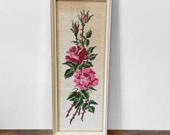 70s Vintage Needlepoint Framed Flower Needlework Wall Art, Vintage Framed flower Rose Needlepoint Handmade, Glass and Wooden Frame, 20&quot; X 8&quot;