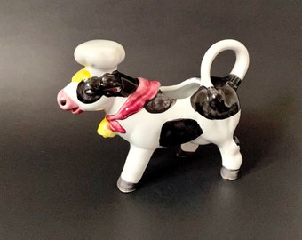 70s Vintage Cow Creamer Ceramic Cow Milk Jug Cream Coffee lover Gift Figurine Cow lover Gift Farm animal Kitsch black white Cow Chef Gift