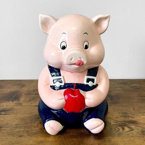 RARE 1980s Vintage Pig Cookie Jar with Apple, Vintage Ceramic Cookie Jar Farm Animal Kitchen Decor whimsical, 10.5&quot;, (Made in Taiwan)