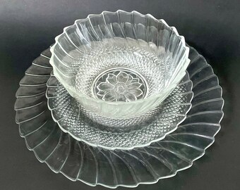 Set of 3 Vintage KIG Indonesia Glassware Sunflower Diamond Cut Dinner Plate, Salad Plate & Fruit Bowl, 1970s Vintage Glassware Retro