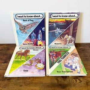 May include: Four vintage children's books titled "I want to know about..." with topics including birds of prey, airports, horses, and endangered species. The covers display colourful illustrations of an owl, aeroplanes, a horse, and a tiger.