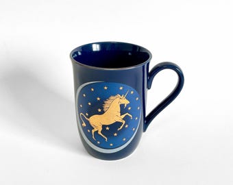 70s Vintage Otagiri Mug Blue Gold Unicorn Coffee Mug Celestial Moon Stars, Japan Otagiri Ceramic Cup MCM, Rare, Made in Japan, 4&quot;