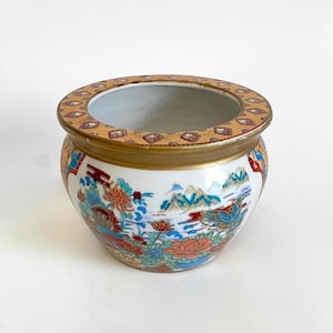 3.5" Vintage Asian Mini Fishbowl Planter, Chinese Cachepot Bird & Floral Ceramic Pot, (USA - Tariff FREE)