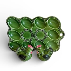 1970s Vintage Ceramic Deviled Egg Plate with Rooster Shakers - (USA - Tariff FREE)