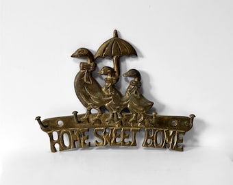 70s Vintage Brass Wall Key Holder With Ducks, MCM "Home Sweet Home" Key Display, 4.5" H x 6" - (USA - Tariff FREE)