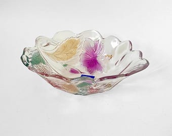 Vintage Mikasa Studio Nova Hibiscus Crystal Bowl – Small Serving Bowl with Raised Floral Accents, Stained Glass Style Dish, Made in Japan
